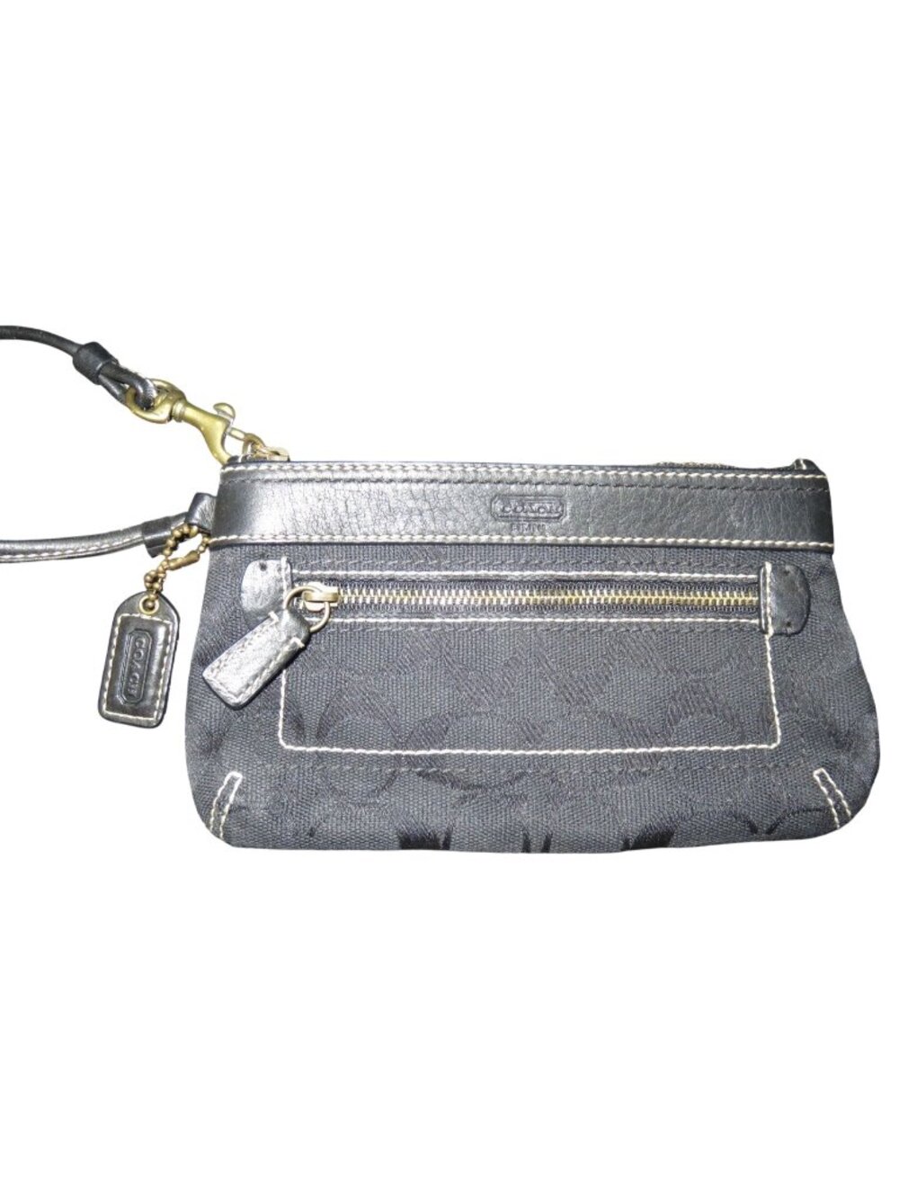 Coach Vintage Black Signature C Jacquard Canvas & Leather Wristlet & Charm Pull